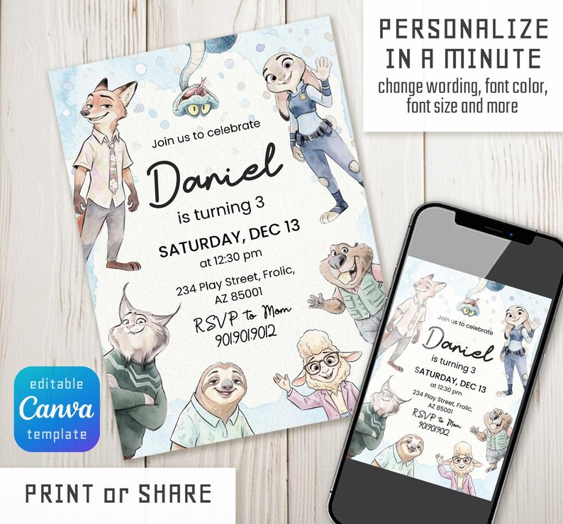 May include: A digital birthday invitation template featuring Zootopia characters including Nick Wilde, Judy Hopps, Flash, and others. The text reads: Join us to celebrate Daniel is turning 3, Saturday, Dec 13 at 12:30 pm, 234 Play Street, Frolic, AZ 85001, RSVP to Mom 901.901.9012.
