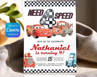 Cars invitation, Lightning McQueen invite, printable birthday party invitation, NFS Racing invitation template, 4th birthday boy