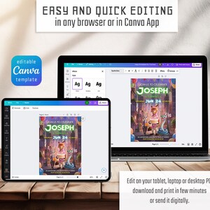 以下が含まれることがあります： タブレットとノートパソコンの画面に表示された編集可能なCanvaテンプレート。ジョセフの4歳の誕生日を祝うズートピアをテーマにした招待状のデザインで、映画のキャラクター、風船、カスタマイズ可能なテキストフィールドが含まれています。