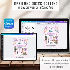May include: An editable Canva template displayed on a tablet and a laptop screen. The digital invitation features cartoon animal characters, colorful balloons, and the text Rebecca is turning 5, Saturday July 11, with event details and location.