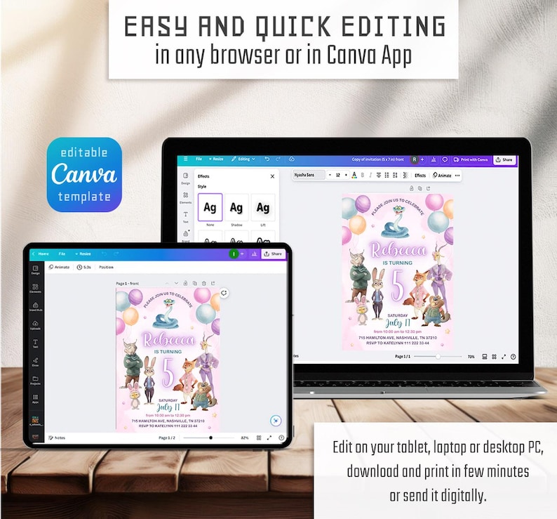 May include: An editable Canva template displayed on a tablet and a laptop screen. The digital invitation features cartoon animal characters, colorful balloons, and the text Rebecca is turning 5, Saturday July 11, with event details and location.