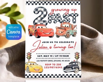 Cars invitation, Lightning McQueen invite, printable birthday party invitation, 2 Fast 2 Furious Racing invite template, 2nd birthday boy