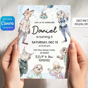 May include: A rectangular birthday invitation card featuring watercolor-style illustrations of animated animal characters. The text reads: Join us to celebrate Daniel is turning 3, SATURDAY, DEC 13 at 12:30 pm, 234 Play Street, Frolic, AZ 85001, RSVP to Mom 901.901.9012.