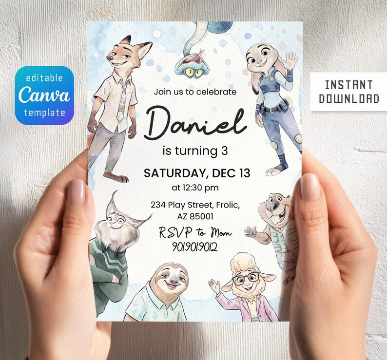 May include: A rectangular birthday invitation card featuring watercolor-style illustrations of animated animal characters. The text reads: Join us to celebrate Daniel is turning 3, SATURDAY, DEC 13 at 12:30 pm, 234 Play Street, Frolic, AZ 85001, RSVP to Mom 901.901.9012.