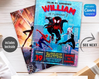 Zaproszenie urodzinowe do druku, zaproszenie Spider-Verse, zaproszenie Spider-Mana, impreza superbohaterów, natychmiastowe pobranie zaproszenia superbohatera