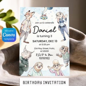 May include: A rectangular birthday invitation card featuring watercolor illustrations of various anthropomorphic animals. The text reads: Join us to celebrate Daniel is turning 3, SATURDAY, DEC 13 at 12:30 pm, 234 Play Street, Frolic, AZ 85001, RSVP to Mom 901.901.9012.