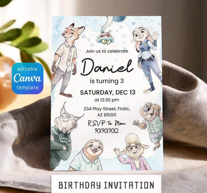 May include: A rectangular birthday invitation card featuring watercolor illustrations of various anthropomorphic animals. The text reads: Join us to celebrate Daniel is turning 3, SATURDAY, DEC 13 at 12:30 pm, 234 Play Street, Frolic, AZ 85001, RSVP to Mom 901.901.9012.