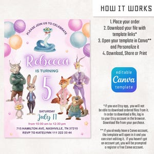 May include: A digital birthday invitation template featuring Zootopia characters including a snake, rabbit, fox, and other animals on a light pink background with balloons. The text reads Rebecca is turning 5 on Saturday July 17 at 715 Hamilton Ave.