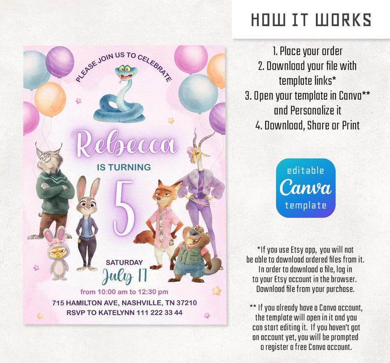 May include: A digital birthday invitation template featuring Zootopia characters including a snake, rabbit, fox, and other animals on a light pink background with balloons. The text reads Rebecca is turning 5 on Saturday July 17 at 715 Hamilton Ave.