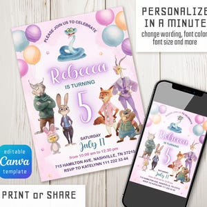 May include: A birthday invitation template featuring cartoon animal characters, colorful balloons, and the text: PLEASE JOIN US TO CELEBRATE, Rebecca IS TURNING 5, SATURDAY JULY 11, 715 HAMILTON AVE, NASHVILLE, TN 37210, RSVP TO KATELYNN 111 222 33 44.