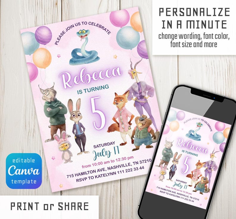 May include: A birthday invitation template featuring cartoon animal characters, colorful balloons, and the text: PLEASE JOIN US TO CELEBRATE, Rebecca IS TURNING 5, SATURDAY JULY 11, 715 HAMILTON AVE, NASHVILLE, TN 37210, RSVP TO KATELYNN 111 222 33 44.