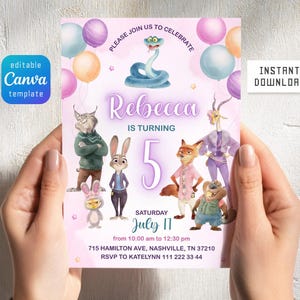 May include: A light pink birthday invitation card featuring cartoon animal characters, colorful balloons, and the text: PLEASE JOIN US TO CELEBRATE, Rebecca IS TURNING 5, SATURDAY JULY 11, from 10:00 am to 12:30 pm, 715 HAMILTON AVE, NASHVILLE, TN 37210, RSVP TO KATELYNN 111 222 33 44.