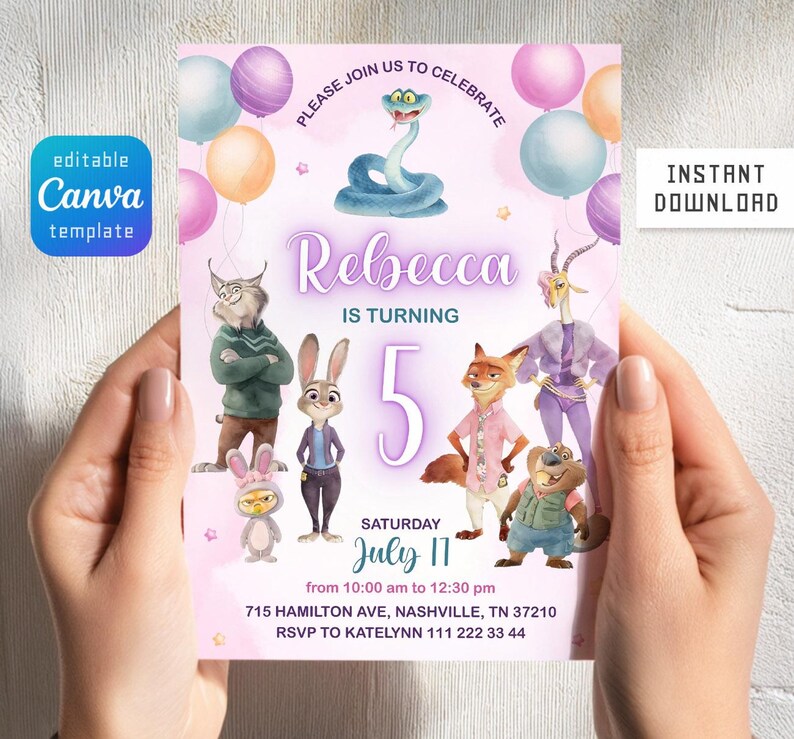 May include: A light pink birthday invitation card featuring cartoon animal characters, colorful balloons, and the text: PLEASE JOIN US TO CELEBRATE, Rebecca IS TURNING 5, SATURDAY JULY 11, from 10:00 am to 12:30 pm, 715 HAMILTON AVE, NASHVILLE, TN 37210, RSVP TO KATELYNN 111 222 33 44.