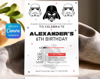 Zaproszenie urodzinowe do druku, zaproszenie Star, zaproszenie Wars, przyjęcie urodzinowe Dartha Vadera, zaproszenie szturmowca do pobrania natychmiast