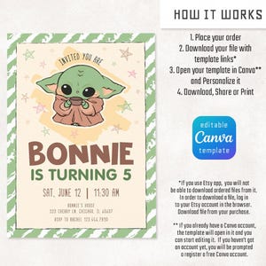 Może przedstawiać: Cyfrowy szablon zaproszenia z postacią z kresk&oacute;wki. Zaproszenie jest na 5. urodziny Bonnie, z wyświetloną datą i godziną. Projekt zawiera tekst "INVITED YOU ARE" i "BONNIE IS TURNING 5". Jest to edytowalny szablon Canva.