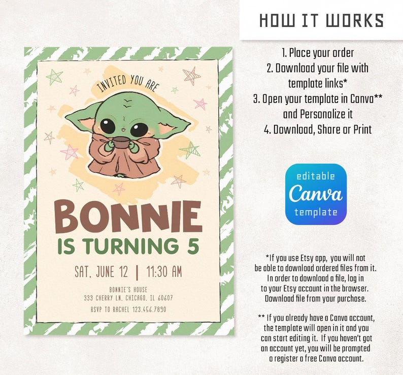 Może przedstawiać: Cyfrowy szablon zaproszenia z postacią z kresk&oacute;wki. Zaproszenie jest na 5. urodziny Bonnie, z wyświetloną datą i godziną. Projekt zawiera tekst "INVITED YOU ARE" i "BONNIE IS TURNING 5". Jest to edytowalny szablon Canva.