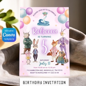 May include: A pink birthday invitation template featuring cartoon animal characters, balloons, and the text: PLEASE JOIN US TO CELEBRATE, Rebecca IS TURNING 5, SATURDAY JULY 17, from 10:00 am to 12:30 pm, 715 HAMILTON AVE, NASHVILLE, TN 37210, RSVP TO KATELYNN 111 222 33 44.