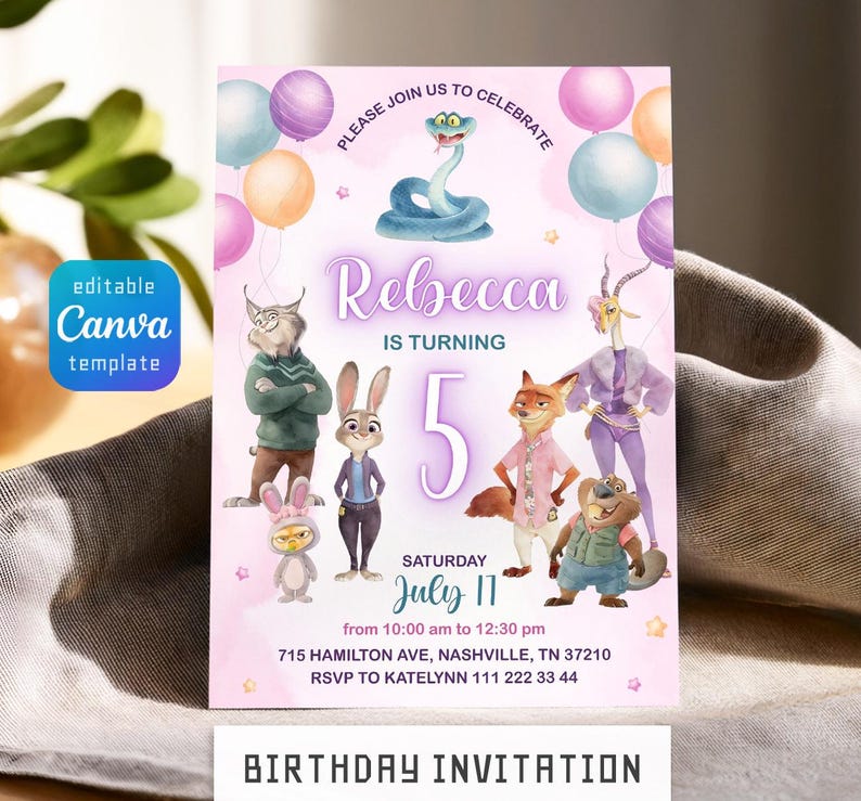May include: A pink birthday invitation template featuring cartoon animal characters, balloons, and the text: PLEASE JOIN US TO CELEBRATE, Rebecca IS TURNING 5, SATURDAY JULY 17, from 10:00 am to 12:30 pm, 715 HAMILTON AVE, NASHVILLE, TN 37210, RSVP TO KATELYNN 111 222 33 44.