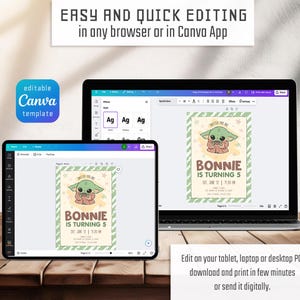 Może przedstawiać: Cyfrowy szablon zaproszenia na 5. urodziny, z zieloną postacią kosmity. Projekt zawiera tekst "BONNIE IS TURNING 5" i można go edytować w przeglądarce lub aplikacji Canva. Zaproszenie jest wyświetlane na tablecie i laptopie.