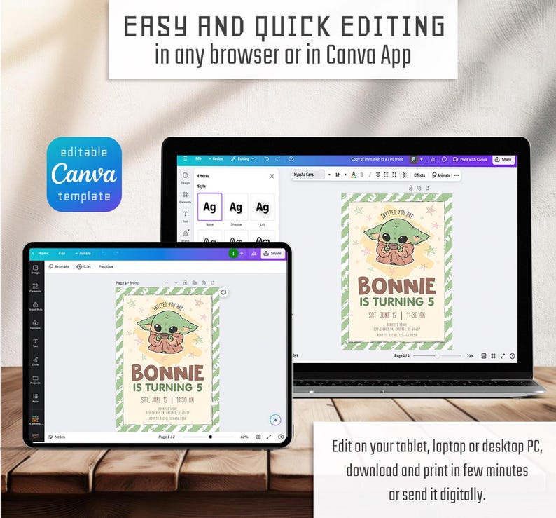 Może przedstawiać: Cyfrowy szablon zaproszenia na 5. urodziny, z zieloną postacią kosmity. Projekt zawiera tekst "BONNIE IS TURNING 5" i można go edytować w przeglądarce lub aplikacji Canva. Zaproszenie jest wyświetlane na tablecie i laptopie.