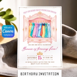 princess dress invitation template Princess Dress Birthday Party Invitation, Girls Princess Dress up Party, Royal Birthday, Pink Gold, Editable Template, Instant Download