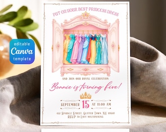 Princess Dress Up birthday invitation, royal princess dress party invite, printable editable castle party template, girl bday