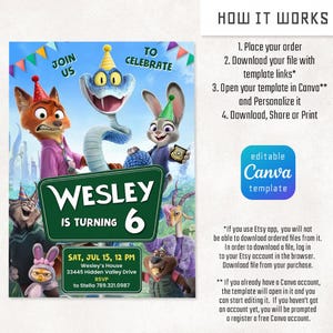 May include: A digital birthday invitation template featuring Zootopia characters wearing party hats. The text reads: JOIN US TO CELEBRATE WESLEY IS TURNING 6, SAT, JUL 15, 12 PM, Wesley's House 33445 Hidden Valley Drive, RSVP to Stella 789.321.0987.