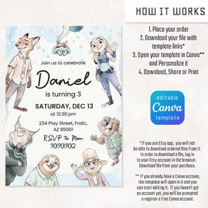 May include: A digital birthday invitation template featuring watercolor-style animal characters from Zootopia. The text reads: Join us to celebrate Daniel is turning 3, Saturday, Dec 13 at 12:30 pm, 234 Play Street, Frolic, AZ 85001, RSVP to Mom 901.901.9012.