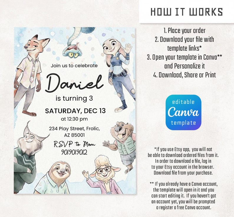 May include: A digital birthday invitation template featuring watercolor-style animal characters from Zootopia. The text reads: Join us to celebrate Daniel is turning 3, Saturday, Dec 13 at 12:30 pm, 234 Play Street, Frolic, AZ 85001, RSVP to Mom 901.901.9012.