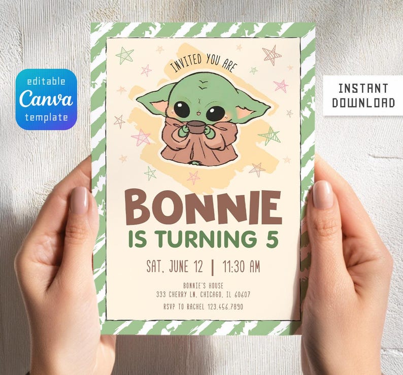 Może przedstawiać: Zaproszenie na przyjęcie urodzinowe z postacią z kresk&oacute;wki. Zaproszenie zawiera tekst "BONNIE IS TURNING 5" oraz szczeg&oacute;ły wydarzenia. Projekt ma zielono-białą obw&oacute;dkę w paski i słowa "INSTANT DOWNLOAD".