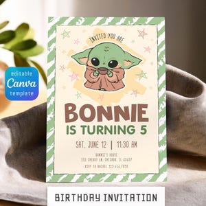 Może przedstawiać: Zaproszenie urodzinowe z postacią z kresk&oacute;wki. Na zaproszeniu widnieje napis "BONNIE MA 5 LAT", z datą, godziną i danymi adresowymi. Słowa "BIRTHDAY INVITATION" znajdują się na dole, z zielono-białą obw&oacute;dką.