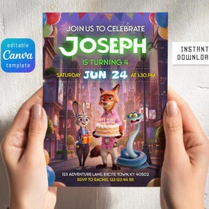 以下が含まれることがあります： ズートピアのキャラクター、ジュディ・ホップス、ニック・ワイルド、ヘビが描かれたデジタル誕生日招待状テンプレート。テキストは次の通り：JOIN US TO CELEBRATE JOSEPH IS TURNING 4 SATURDAY JUN 24 AT 1:30 PM 123 ADVENTURE LANE, EXCITE TOWN, KY 40502 RSVP TO RACHEL 123 123 44 55。