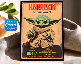 Zaproszenie urodzinowe Baby Yody, zaproszenie z motywem Gwiezdnych Wojen, zaproszenie Grogu do druku, natychmiastowe pobranie, edytowalny szablon zaproszenia urodzinowego