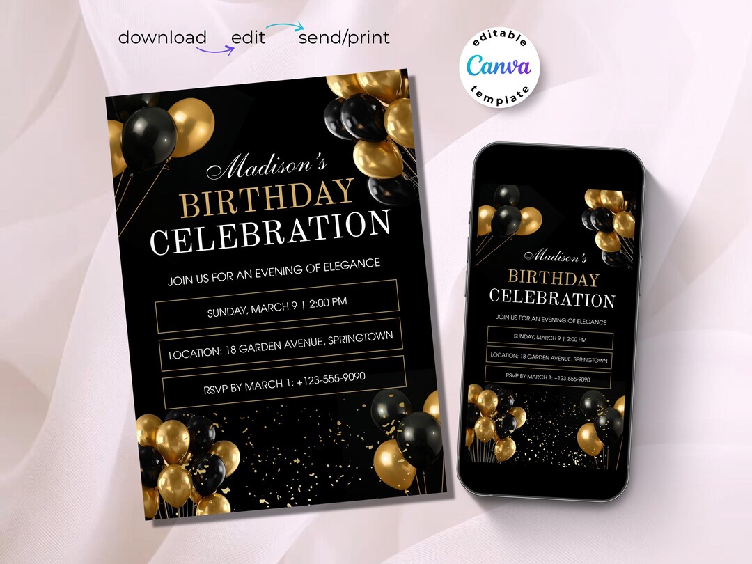 Black and Gold Balloon Birthday Invitation Template, Elegant Party ...
