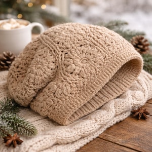 Puede incluir: Un gorro de ganchillo beige con un diseño floral, colocado sobre una bufanda de punto trenzado a juego. El gorro tiene un borde doblado y un diseño texturizado. El fondo incluye una taza, piñas y vegetación, sugiriendo un ambiente invernal.