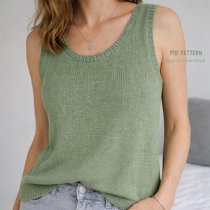 May include: A pale green knitted tank top with a scoop neck and ribbed detailing. The sleeveless top has a ribbed trim around the neckline and armholes. Text reads "PDF PATTERN Digital Download".