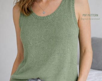 Puede incluir: Un top sin mangas de punto verde claro con cuello redondo y detalles acanalados. El top sin mangas tiene un ribete acanalado alrededor del cuello y las sisas. El texto "PDF PATTERN Digital Download" es visible.