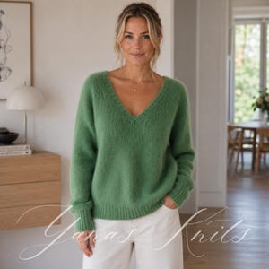 V-Neck Sweater Knitting Pattern, Fuzzy Drop-Shoulder Pullover, Women's XS–3XL, Instant PDF Download