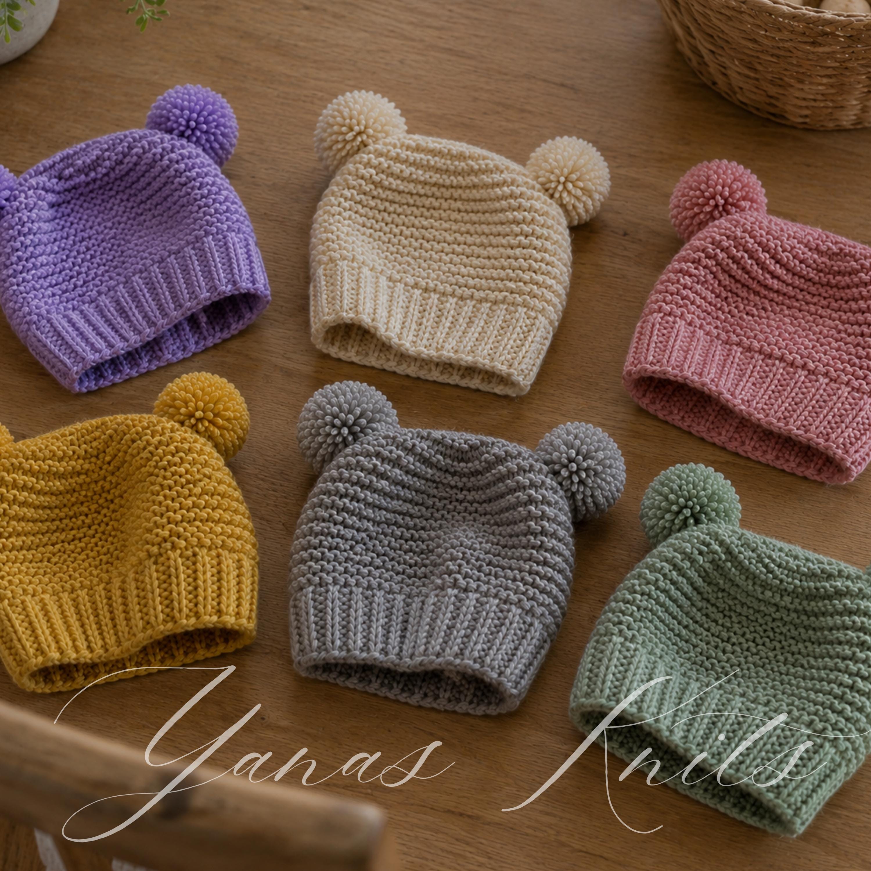 Bear Ear Beanie Knitting Pattern, Double Pom Kids Hat, Chunky