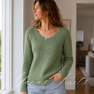 Sage Green Raglan Sweater Knitting Pattern, Seamless Top Down Pullover PDF, Scoop Neck Jumper