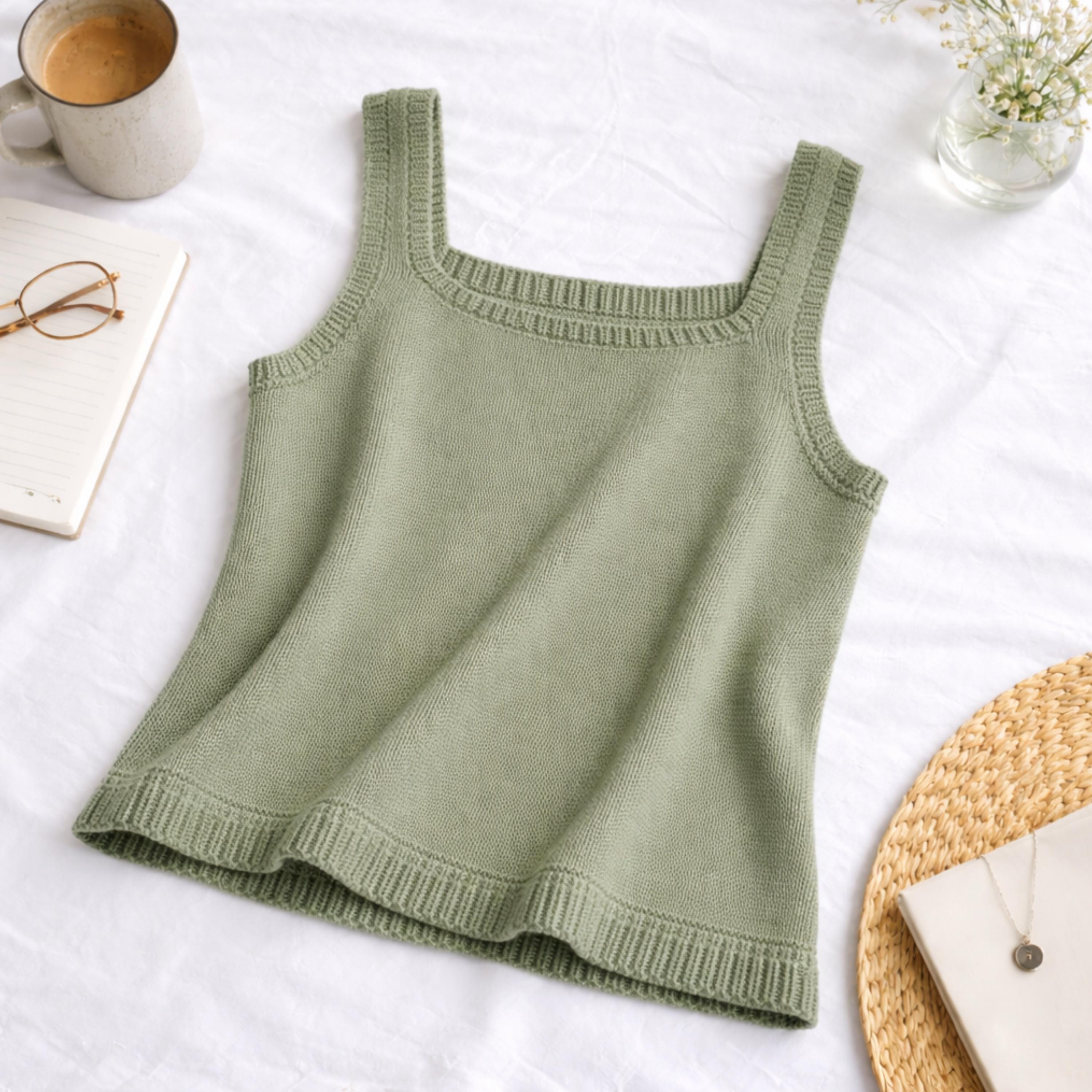 handmade Knit camisole⁺‧₊° ཐི⋆♱⋆ཋྀ °₊‧⁺ Knitting Pattern Summer Knit Camisole Square Neck Sleeveless Top