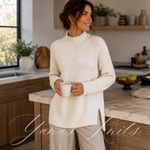 Patrón de punto para suéter de cuello alto extragrande, jersey largo en PDF, jersey con hombros caídos, manga sin costuras
