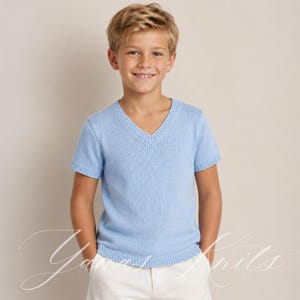 Cielo Boy V-Neck Tee Knitting Pattern, Children Summer Shirt PDF, Lightweight Cotton Knit Top