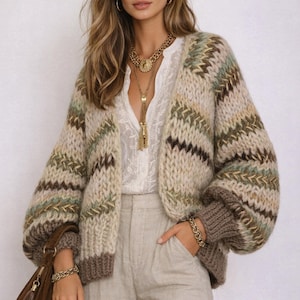 Könnte beinhalten: Ein grob gestrickter Cardigan in Beige, Braun und Grün. Der offene Pullover hat ein Streifenmuster, lange Ärmel und gerippte Bündchen. Das Model trägt Goldschmuck und eine weiße Bluse.