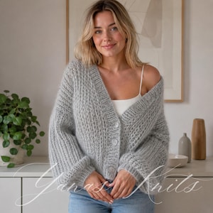 Mohair Cardigan Knitting Pattern, Oversized V-Neck Sweater, Balloon Sleeves, Button Front PDF