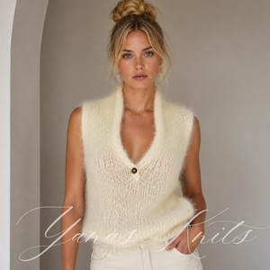 Vest Knitting Pattern, Buttoned V Neck Sleeveless Top PDF, Women’s Layering, Ivoire Mohair