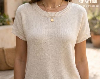May include: Cream-colored short-sleeve knit top with a round neckline. The top is paired with a layered gold necklace. The image includes the text "PDF PATTERN Digital Download".