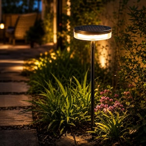 Puede incluir: Una lámpara solar de jardín de metal oscuro con un poste vertical delgado y una parte superior circular plana que incluye un panel solar integrado y un anillo de luz cálida que ilumina el follaje circundante en un entorno exterior oscuro.