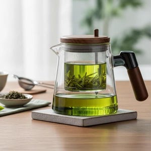 Puede incluir: Tetera de vidrio transparente con tapa y asa de madera, llena de té verde. La tetera se encuentra sobre un posavasos cuadrado de color claro. El asa es de color marrón oscuro y negro. Se ven hojas de té en el interior.