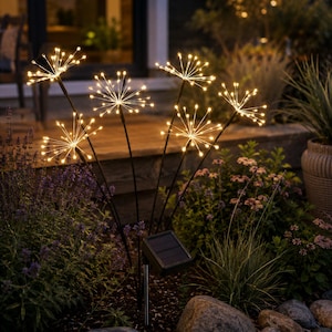 Può includere: Un set di cinque luci solari da giardino con sottili picchetti in metallo nero sormontati da grappoli di fili sferici a forma di stella che emettono una luce calda. Un piccolo pannello solare nero rettangolare è fissato al picchetto centrale.